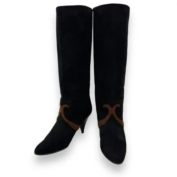 1960's Italian PANCALDI for ERIC COUTURE black and brown suede knee high boots - Picture 11 of 16
